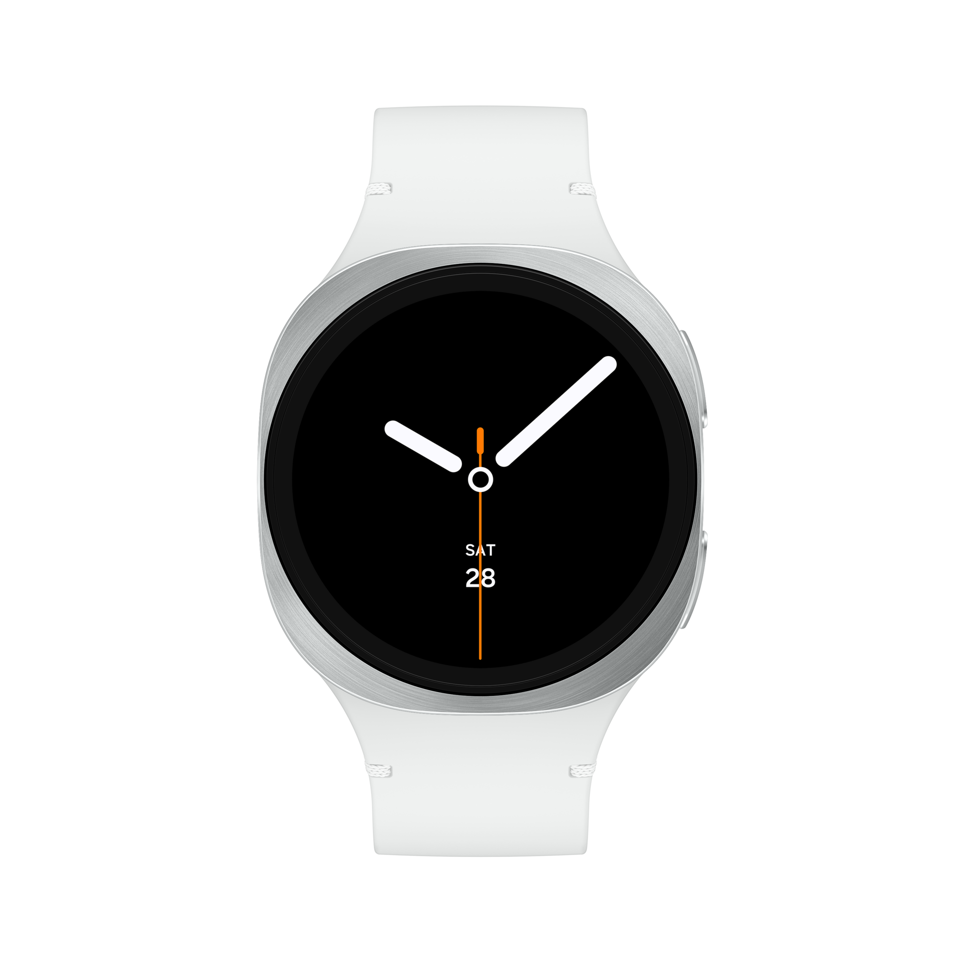 A silver Galaxy Watch8 with a white Sport band is shown.